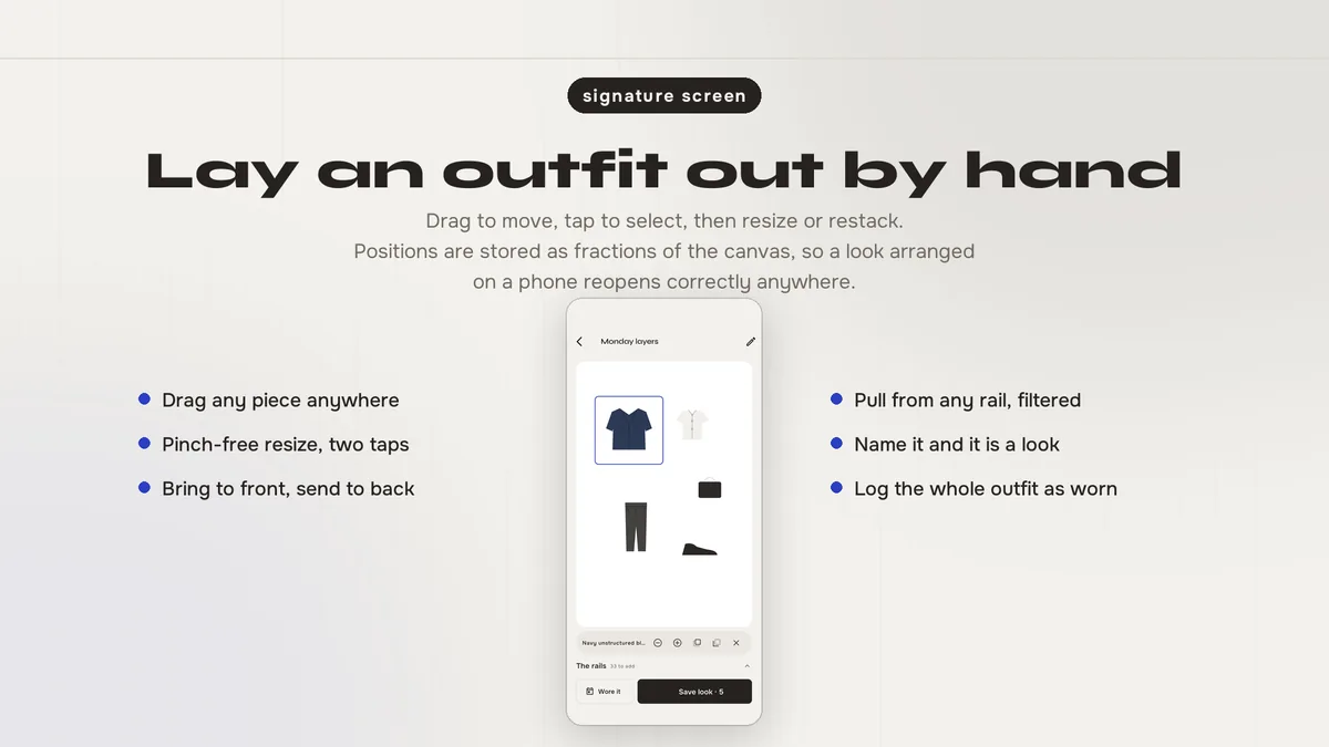 Drag-and-drop outfit canvas with pieces being arranged — Capsora