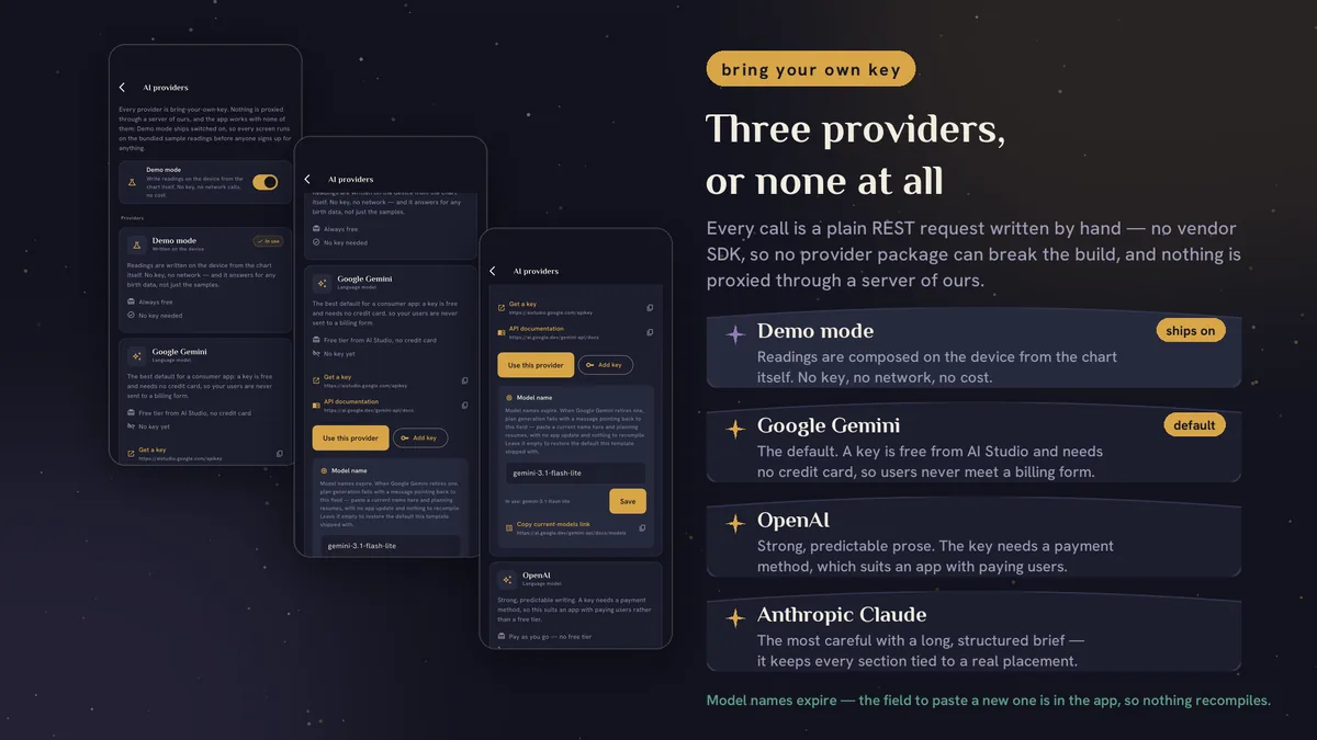 Provider settings for Gemini, OpenAI, Claude and Demo mode — Celestora