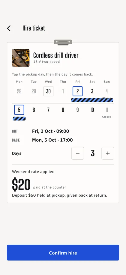 Hire tickets by the day — Drillora screen