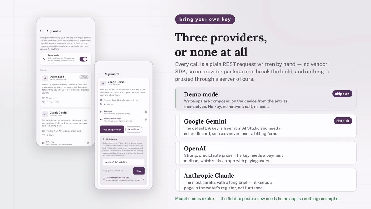 Provider settings for Gemini, OpenAI, Claude and Demo mode — Emotora