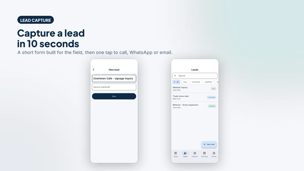 Lead list and quick lead capture form — Fieldora
