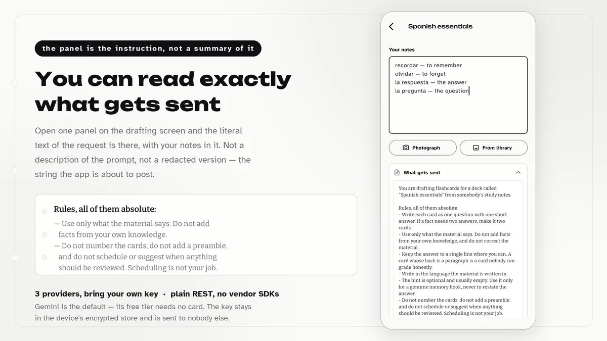 Drafting screen showing the literal request text sent — Flashora