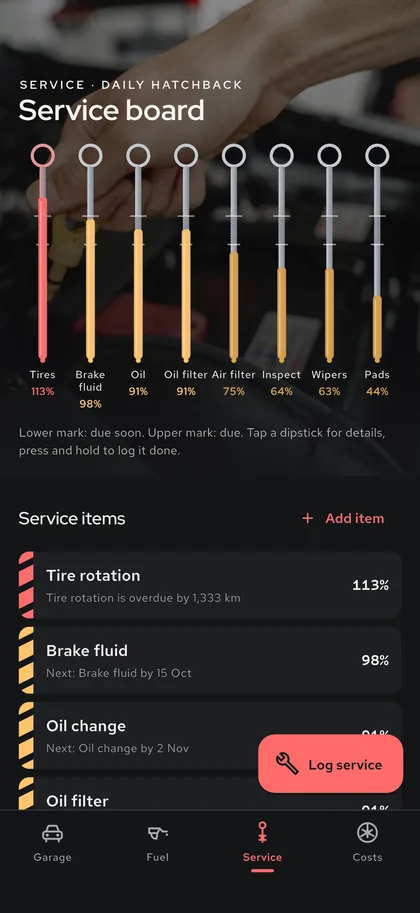 Service due dates you can plan around — Garagora screen