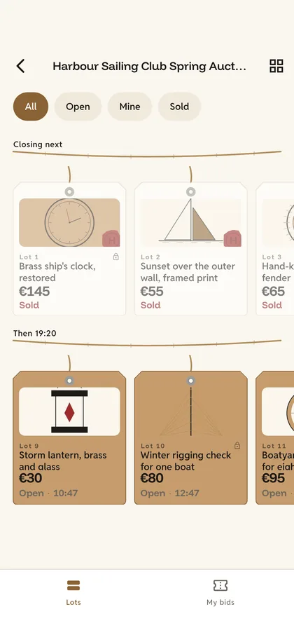 Lots hang on a line in closing order — Hammora screen