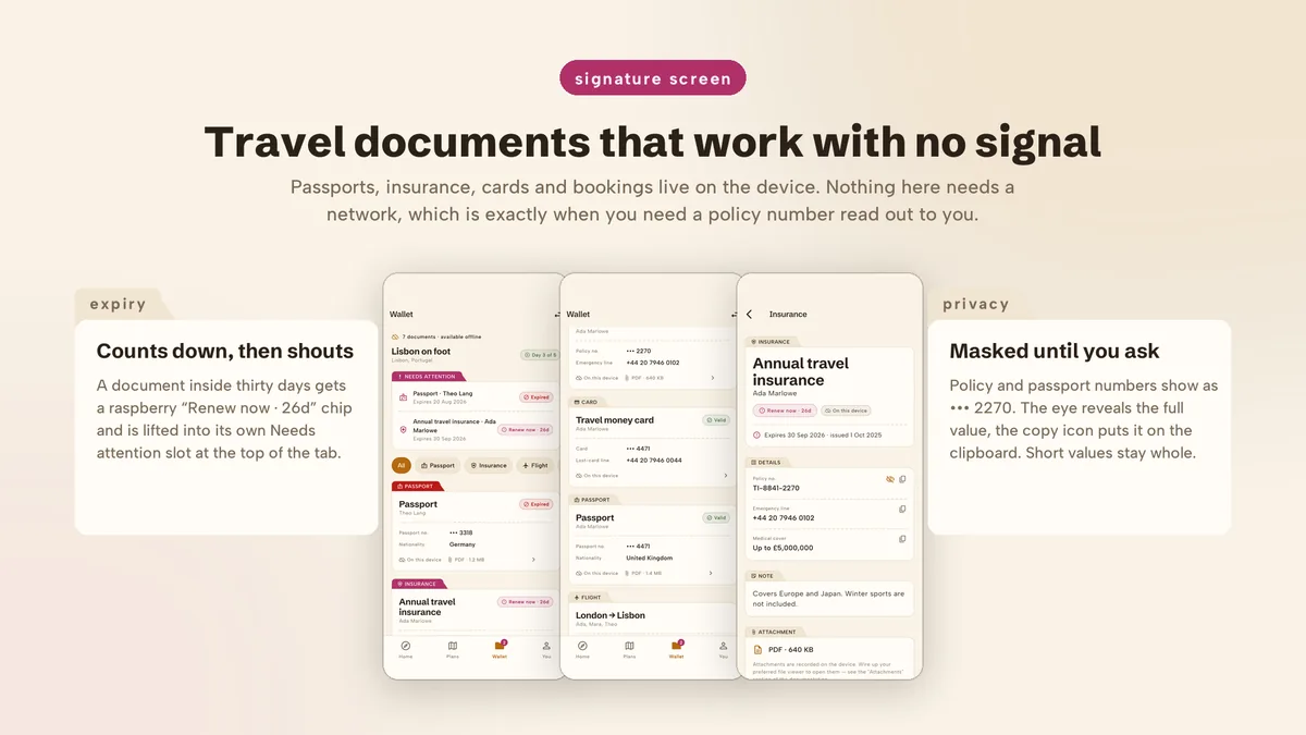 Document wallet with expiry countdowns and masked fields — Journora