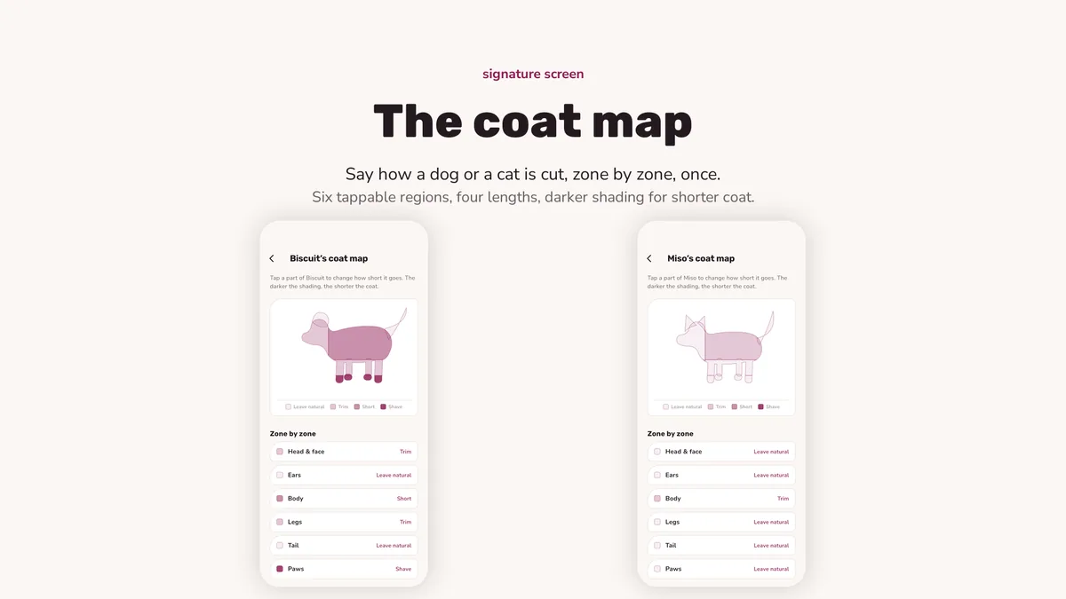 Coat map with tappable zones on a dog and cat — Leashora