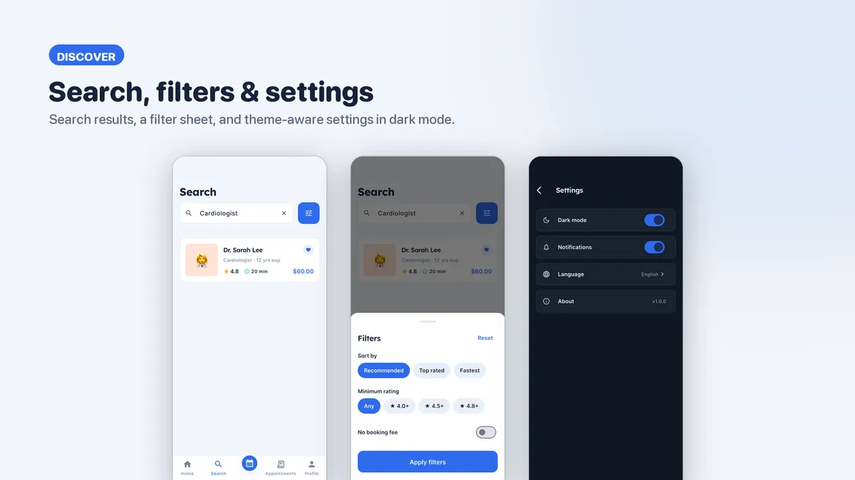 Doctor search with filters and settings — Medora