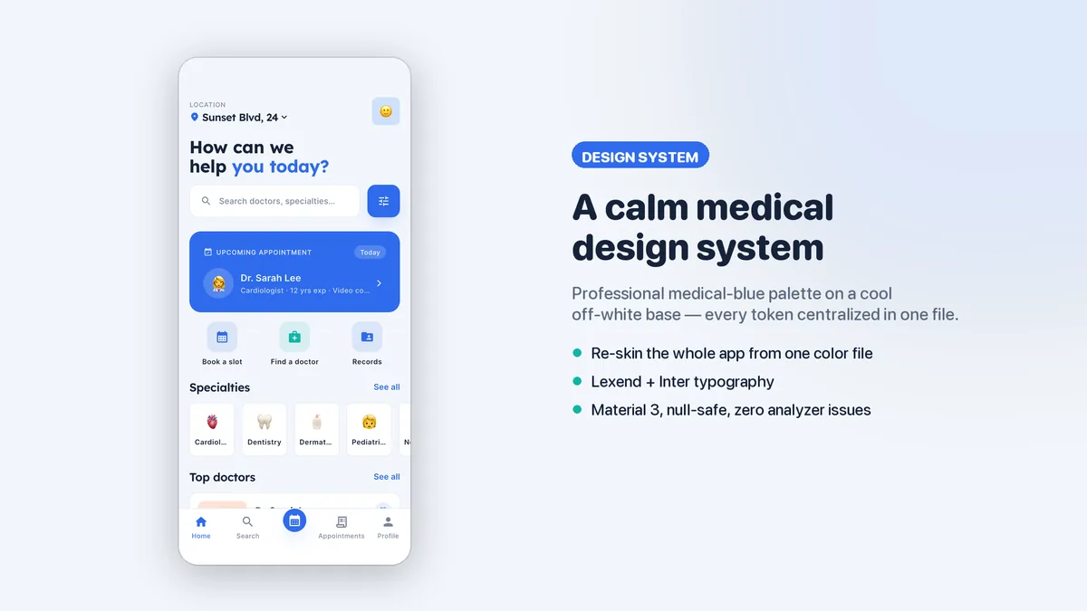 Medora medical-blue palette, typography and components — Medora