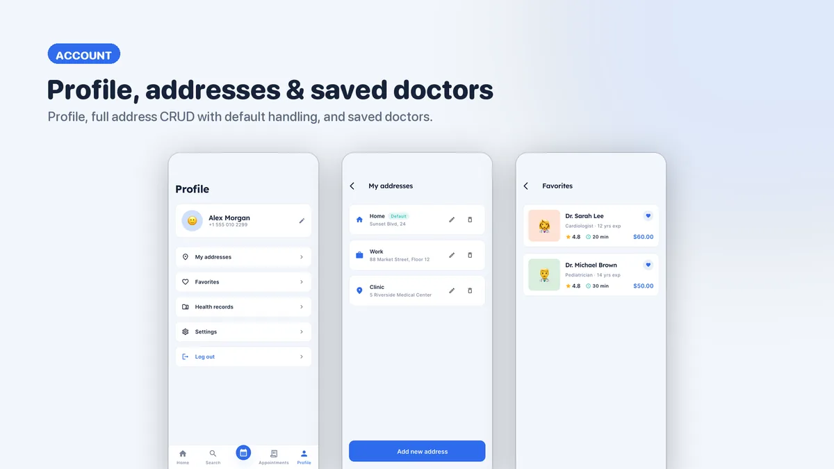 Patient profile, addresses and account screens — Medora