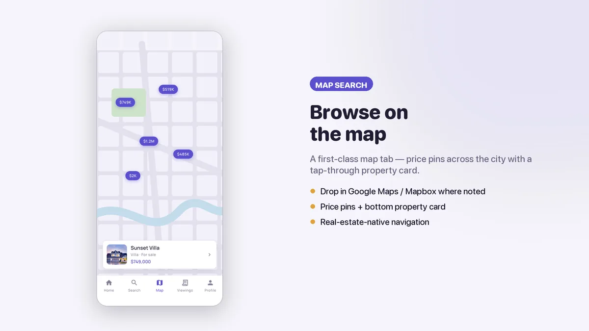 Map view with live price pins — Nestora