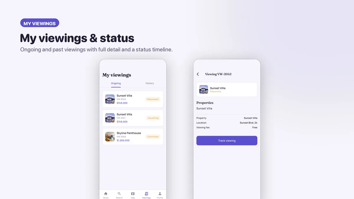 My viewings, upcoming and past, with a status timeline — Nestora