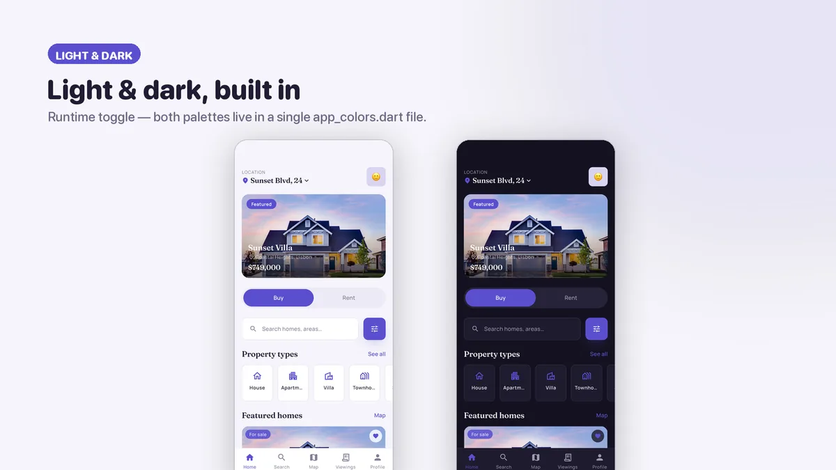 The same screens in light and dark theme — Nestora