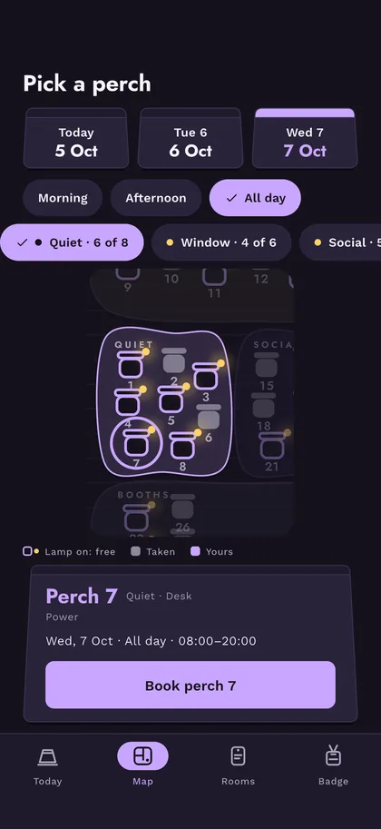 Pick a desk on the floor plan — Perchora screen
