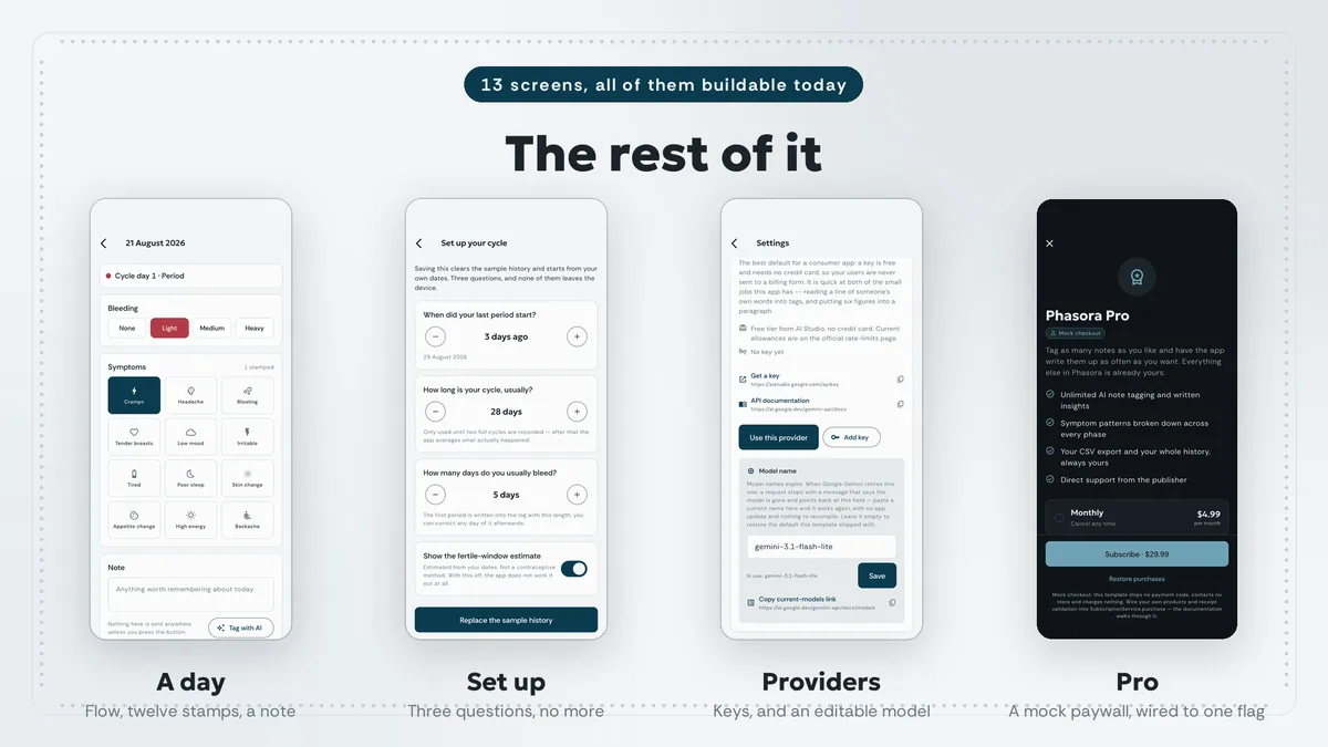 Day view, setup, provider settings and paywall screens — Phasora