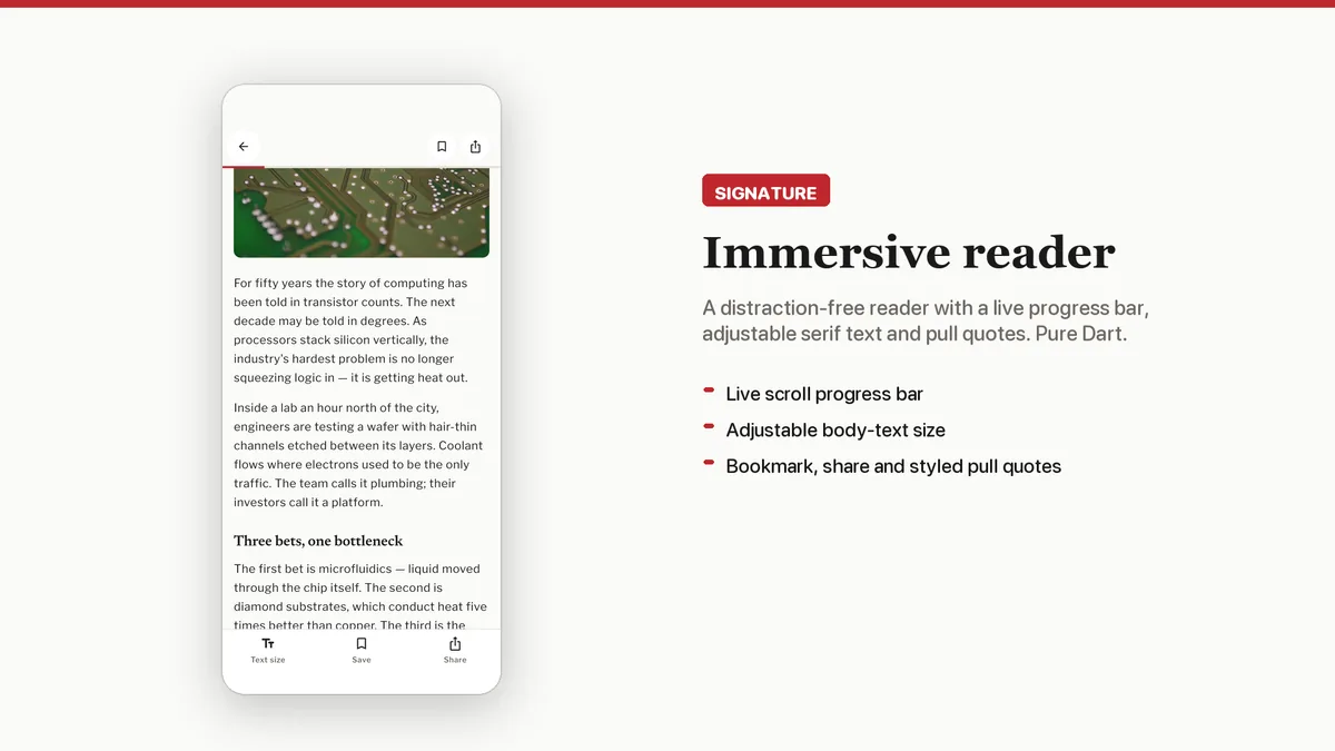 Article reader with progress bar and adjustable text size — Presora