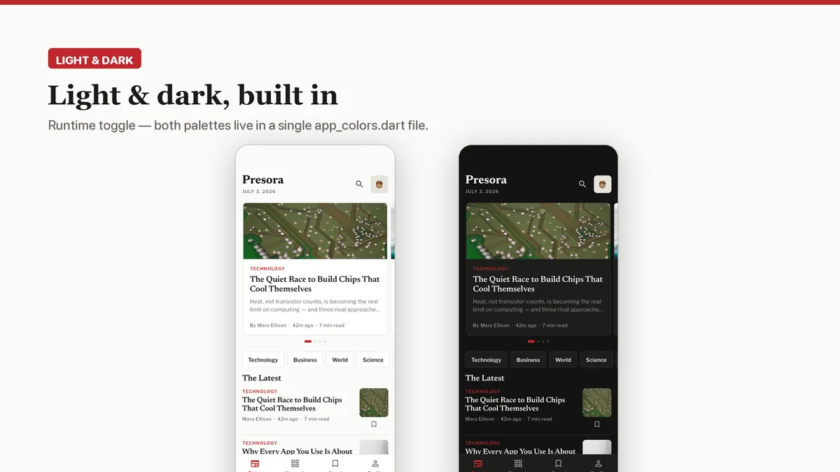 Front page and reader in light and dark themes — Presora