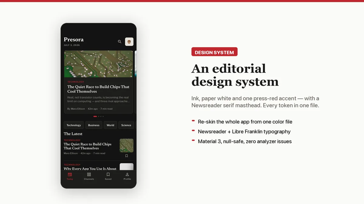 Presora colors, serif typography and reusable components — Presora