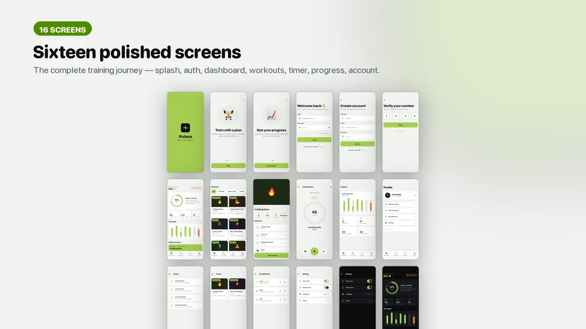 Every Pulsea screen on one overview sheet — Pulsea