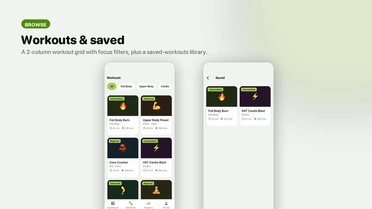 Workout grid with focus filters — Pulsea