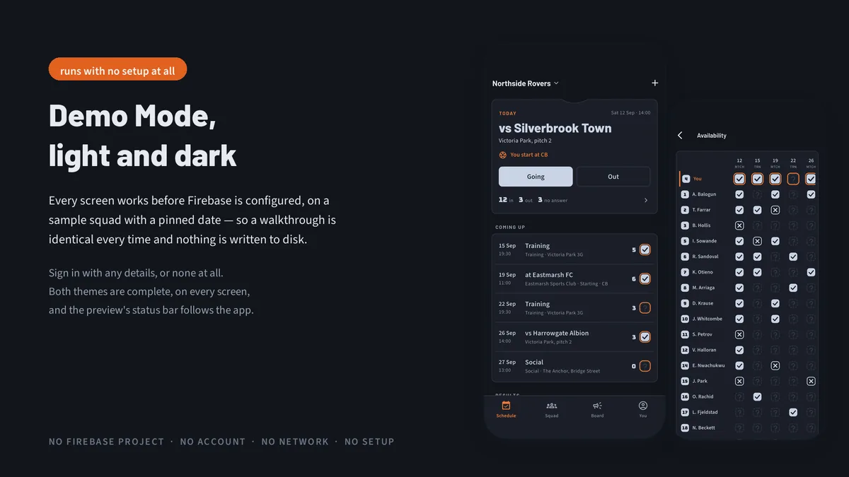 Demo Mode screens shown in light and dark themes — Rostora
