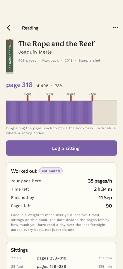 Progress you can see on the page edge — Shelfora screen