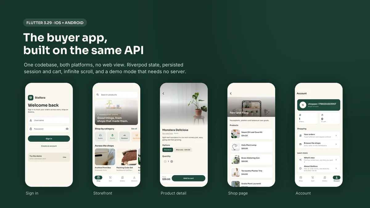 Tour of the Flutter buyer app screens — Stallora