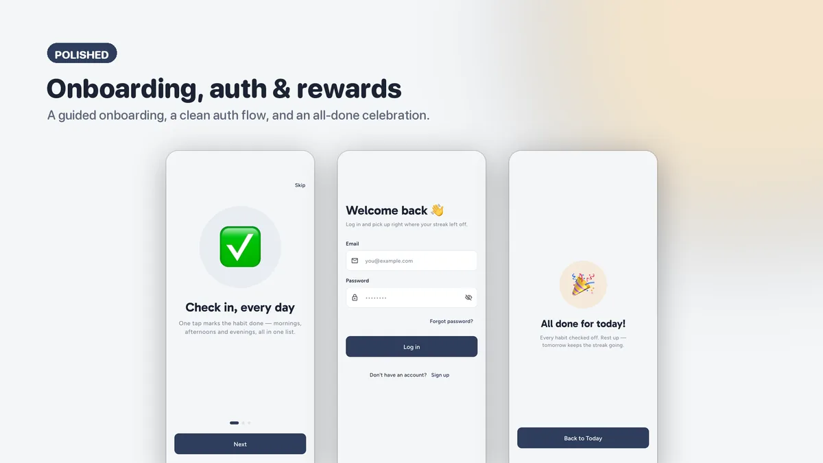 Onboarding and sign-in screens — Tendora