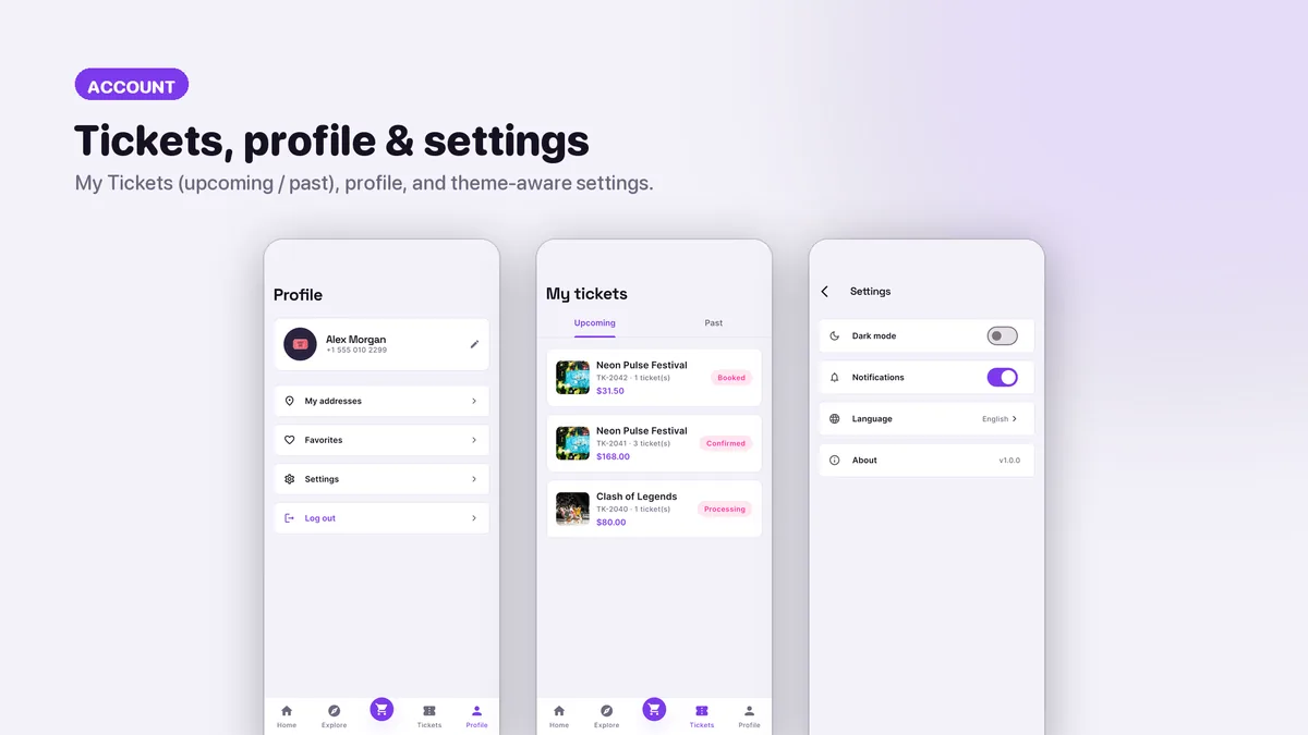 Profile and account settings screens — Tikora