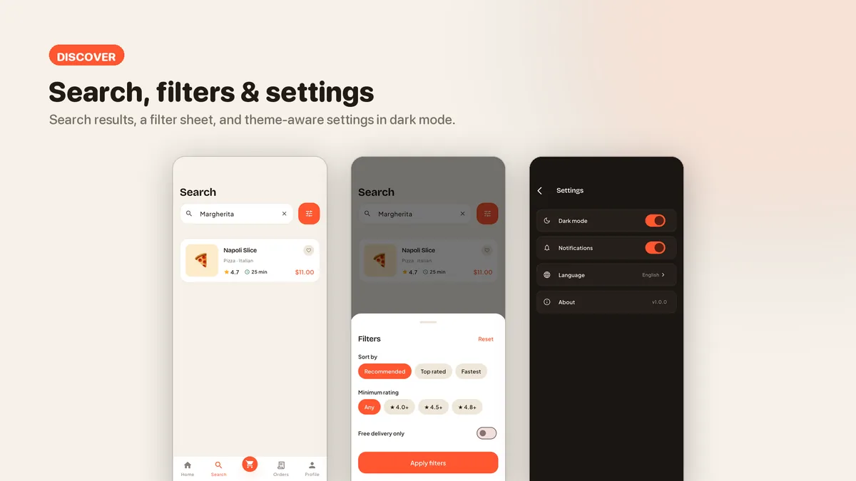 Search with filters and the settings screen — Tomavo