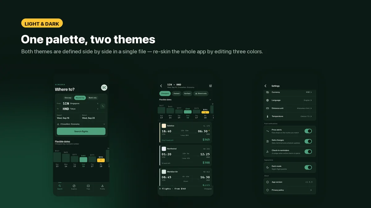 Key Wingora screens in dark theme — Wingora